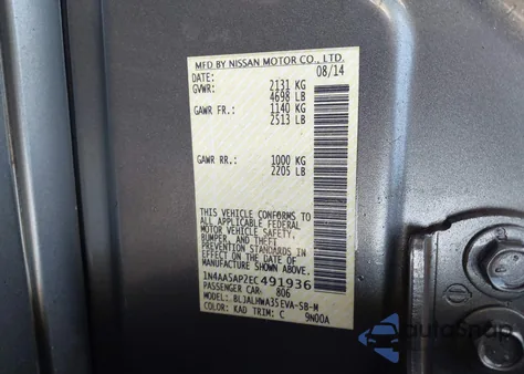 2014 Nissan Maxima 3.5 Sv z USA, uszkodzony, nr VIN 1N4AA5AP2EC491936